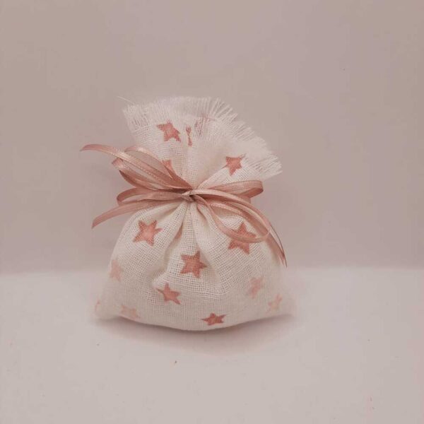 Sacchetto portaconfetti con bordo sfrangiato in lino bianco con stelline